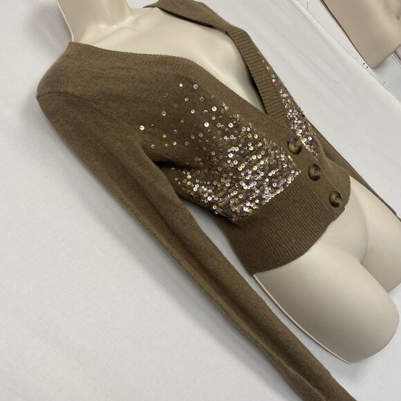 Vtg Y2K Hollister Cardigan Sweater Womens Large Brown Sequin Cropped Rabbit Hair - Picture 3 of 11